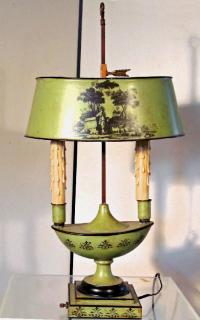 Louis XVI style green provincial tole bouillotte lamp c1920