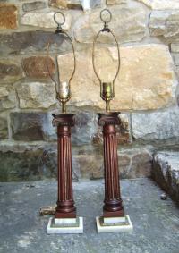 Mahogany fluted column lamps with marble mounts