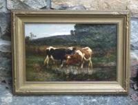 Carleton Wiggins oil canvas meadow cow painting c1885