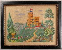 English Victorian multi color glass bead painting of a castle c1840