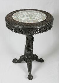 Chinese rosewood carved dragon base table with rose medallion plaque