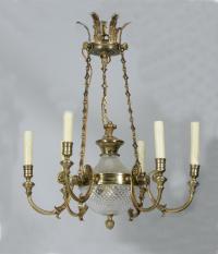 Gilt bronze and crystal hanging six light chandelier c1950