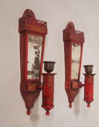 Pair red tin candle wall sconces by Caldwell c1910
