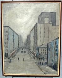 A Philip Pieck abstract oil painting on canvas NYC cityscape c1949