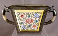 Chinese enameled pewter cachepot with jade handles c1850