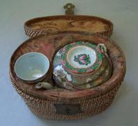 Chinese porcelain picnic tea set in basket c1860