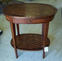 Vintage French oval top night stand parquet top and drawer c1900