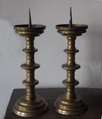 Pair of Flemish Renaissance brass pricket candlesticks c1700