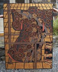 Japanese carved wood panel in kimono design
