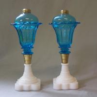 Pair of Sandwich glass turquoise whale oil lamps c1850