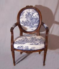 18thc French walnut arm chair in blue toile