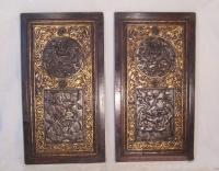 Pair 19thc Chinese gilt wood panels carved with dragons and foo lions