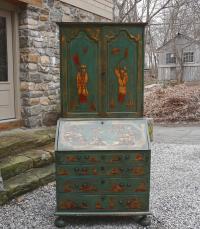 19thc Chinoiserie lacquered secretary desk in blue green paint