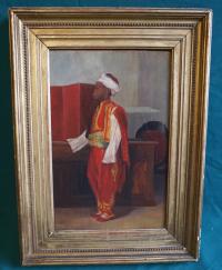 Antique Orientalist oil painting of Moroccan boy dated 1887