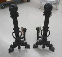 Antique Gothic Revival cast iron fireplace andirons with ball top c1880