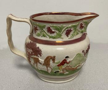 Image of Staffordshire pink luster jug with hunt scene c1820