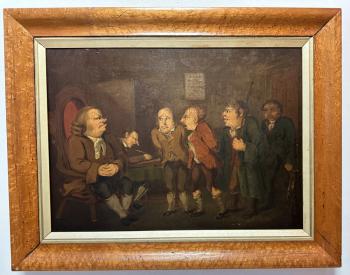 Image of English oil painting of debtor and magistrate c1800