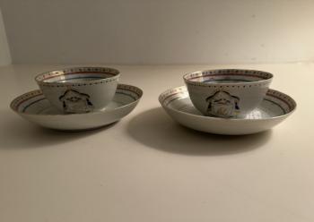 Image of China Trade armorial pair of porcelain cups and saucers