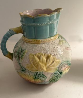 Image of Samuel Lear pond lily majolica pitcher c1880