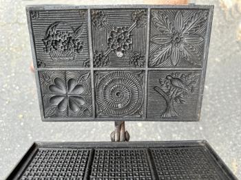 Image of 18thc American cast iron waffle press for hearth cooking