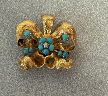 Image of 19thc 18k gold brooch fob set with turquoise