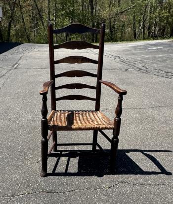 Image of Early English 18thc oak ladder back arm chair with woven seat c1760