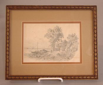 Image of European pencil drawing of harbor and countryside c1840