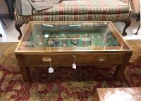 Vintage English mahogany vitrine coffee table with drawer