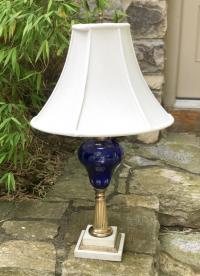 Cobalt Sandwich glass kerosene lamp on brass marble base c1860