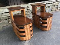 Pair Paul Frankel rattan and mahogany tables c1950