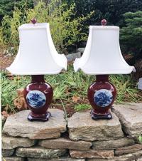 Chinese oxblood lamps with landscape medallions