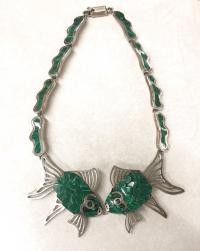 Silver and malachite kissing fish necklace c1950