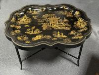 Early Chinoiserie papier mache tray mounted on bamboo table base