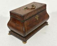 Antique French bombe form tea caddy with brass inlay