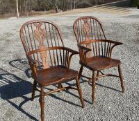 Vintage pair English Windsor elm armchairs with plank seats