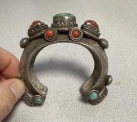 19thc Yemeni bracelet coin silver with coral and turquoise