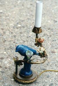 Antique pair of French porcelain blue bird lamps
