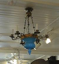 Period Blue Opaline glass and brass hang fixture