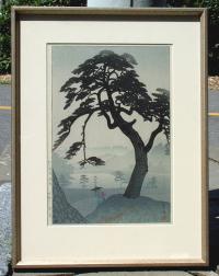 Vintage Japanese Woodblock Print of a misty landscape