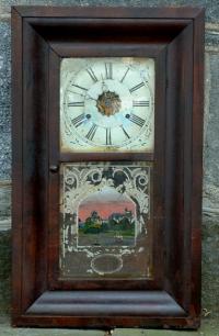 Antique American Reverse Painted Glass Panel Ogee Clock