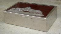Antique Cigar box mounted in nickel plated brass with auto scene