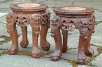 Antique Pair Chinese Carved Plant Stands with Marble Tops