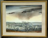 Hilda Levy signed watercolor of Zebras in African landscape