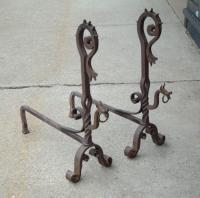 Hand forged dragon wrought iron antique andirons c1900