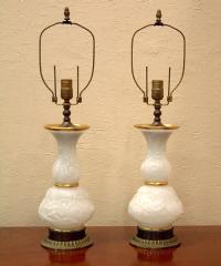 Pair of French Art Nouveau embossed opaline lamps