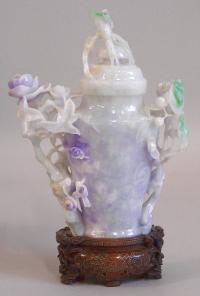 Chinese Jadeite jar with carved wood pedestal