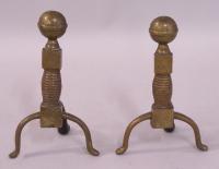 Antique diminutive solid brass andirons c1820 to 1840