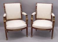 Pair Egyptian revival bronze and mahogany upholstered chairs c1880