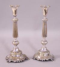 Judaica Sabbath candlesticks by Polish silversmith Fraget N. Plaque