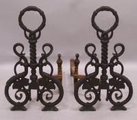 Antique American arts and crafts cast iron andirons c1900